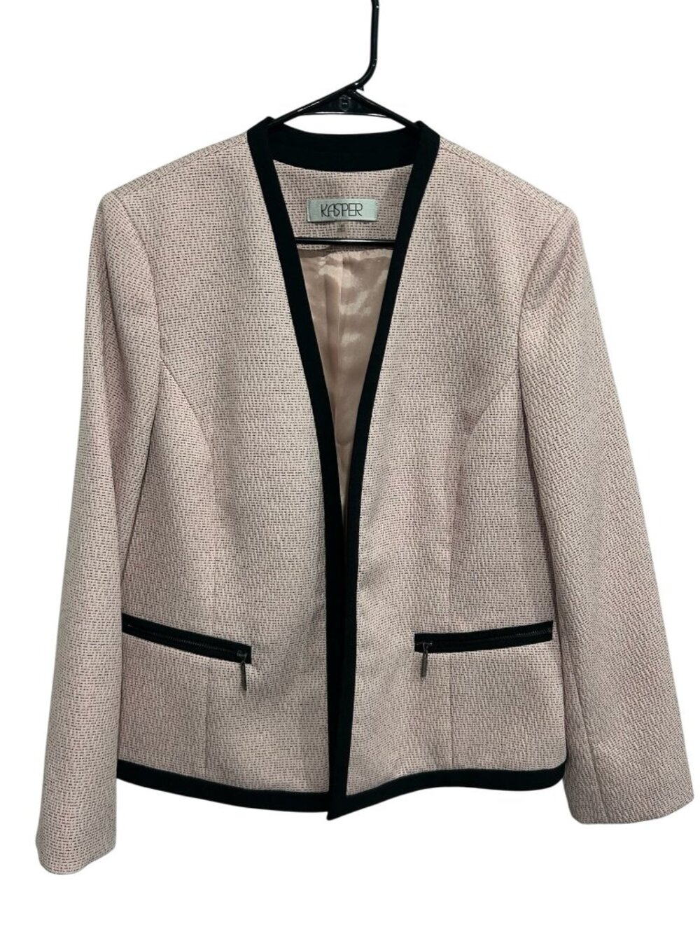 Kasper 14P Textured Open-Front Blazer Pink Black Trim Zip Pockets Old Money